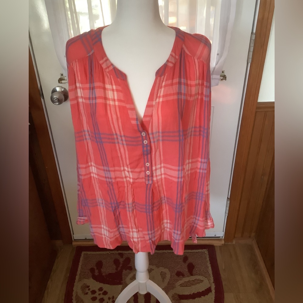 Nine West Jeans 1/2 Button Up Shirt Women Coral White Blue Plaid Mock Ne…